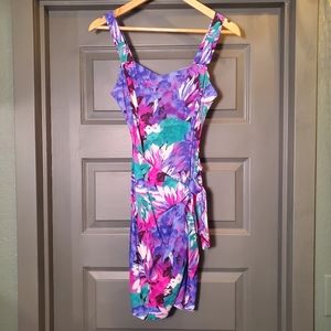 Vintage Hawaiian-style wrap dress size 5 purple, teal, pink